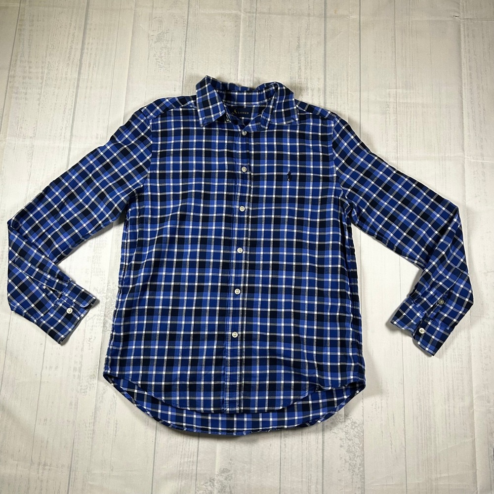 Ralph Lauren Boys Blue Plaid Button Down Shirt Long Sleeve Cotton Size L 14-16